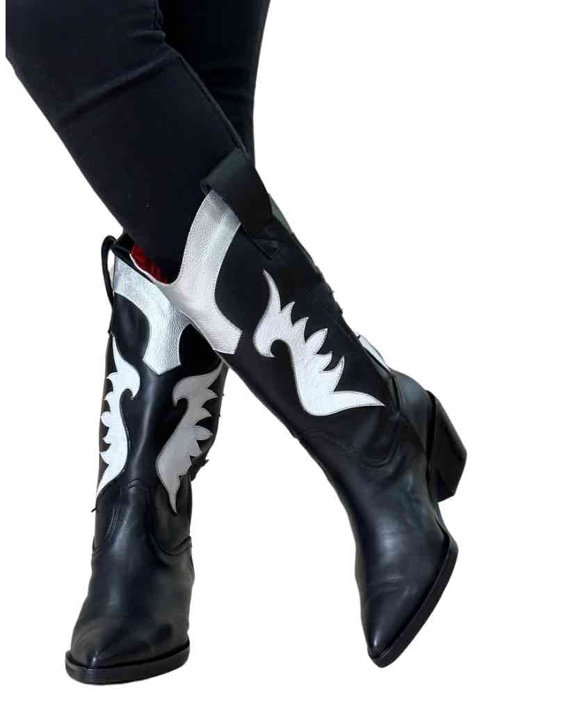 Bota Texana en Cuero Volare Negro/Blanco